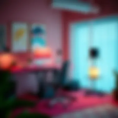 A vibrant workspace setup with a customizable electric lift desk