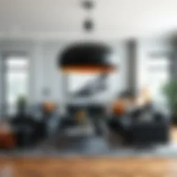 Elegant black overhead light fixture in a modern living room