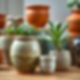 A collection of intricately designed ceramic pots showcasing various glazes and textures