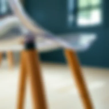 Close-up of clear chair detailing and wooden leg design