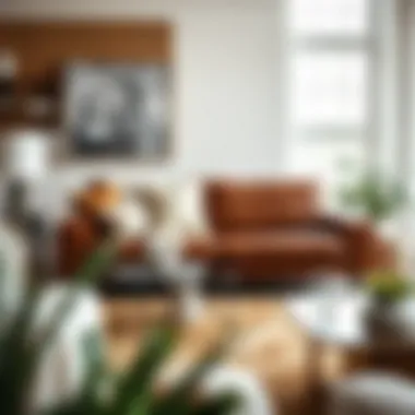 Chic living space featuring a leather couch with a contemporary sofa cover