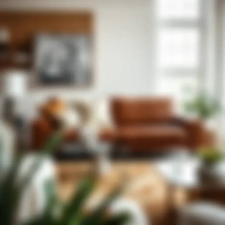 Chic living space featuring a leather couch with a contemporary sofa cover