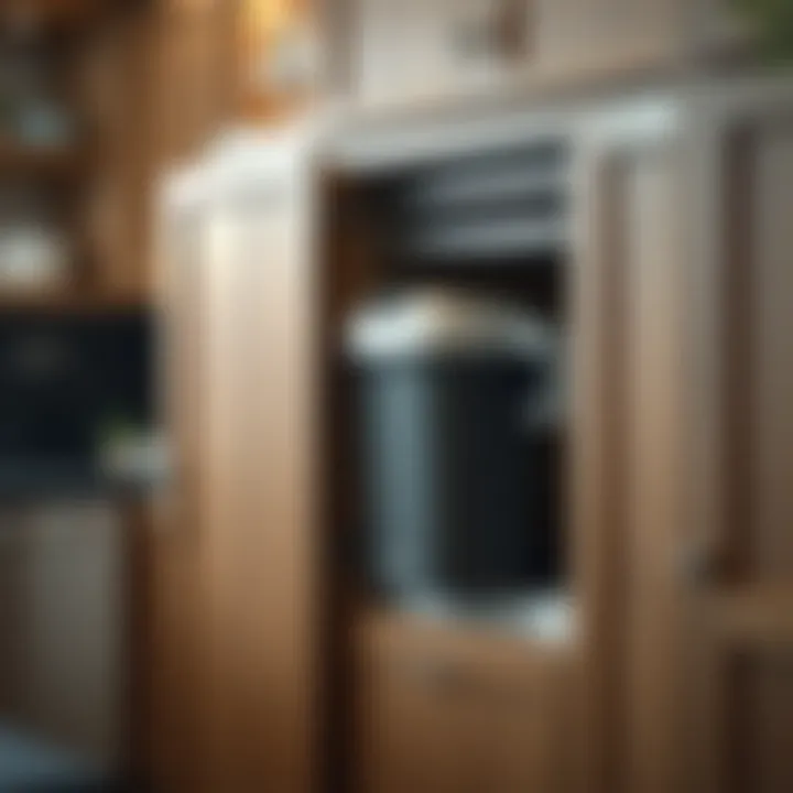 Functional installation of a trash roller in a kitchen cabinet