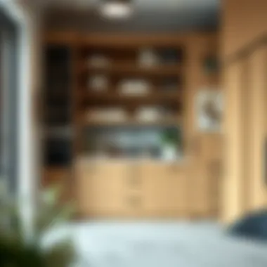 Stylish pantry design with wooden shelves and modern decor.