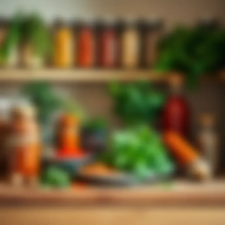 A well-lit pantry featuring fresh herbs and vibrant spices arranged artfully.