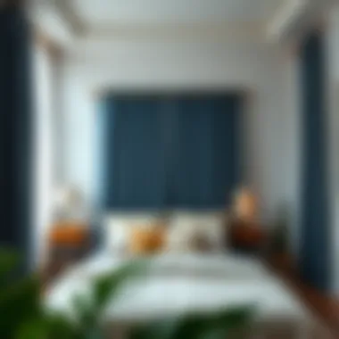 Serene bedroom featuring denim blackout curtains Cozy bedroom with denim blackout curtains providing privacy