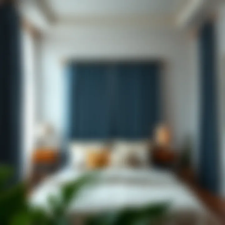 Serene bedroom featuring denim blackout curtains Cozy bedroom with denim blackout curtains providing privacy