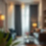 Elegant denim blackout curtains in a stylish setting Elegant denim blackout curtains enhancing a modern living room