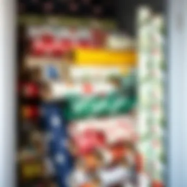 Color-coded wrapping paper rolls organized neatly within a dedicated storage solution.