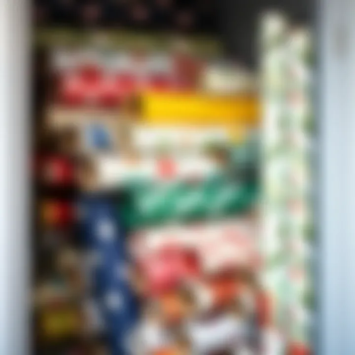 Color-coded wrapping paper rolls organized neatly within a dedicated storage solution.