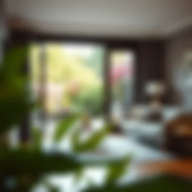 Stylish living room featuring a spacious patio door opening to a vibrant garden