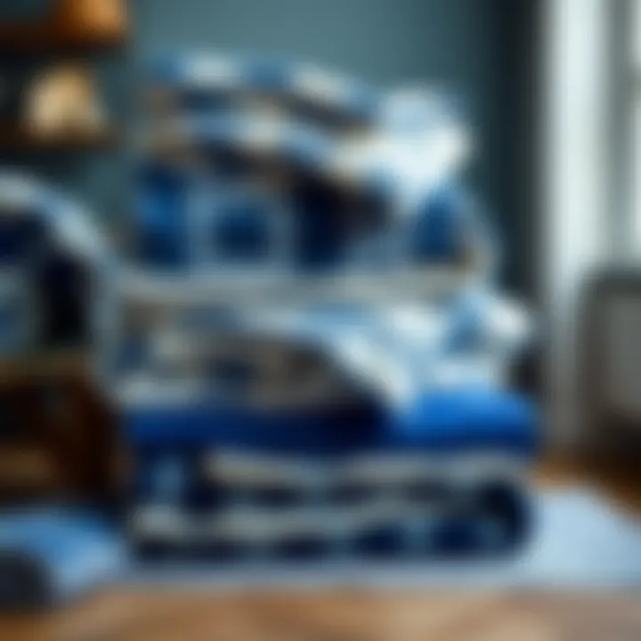 Stacked blue and white quilts showcasing various designs