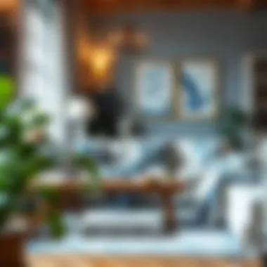 Cozy living room featuring blue and white decor, complemented by a quilt