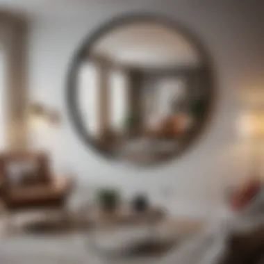 A cozy living room featuring the round mirror, enhancing the light and depth of the space.