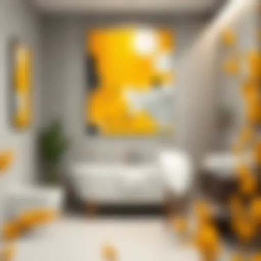 Vibrant Abstract Bathroom Wall Art A vibrant abstract wall art piece featuring yellow and gray colors in a modern bathroom setting.