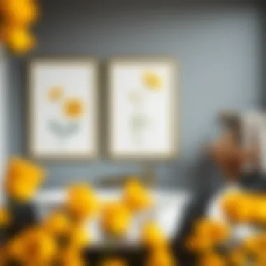 Close-up of framed botanical prints in yellow and gray, perfect for a stylish bathroom decor.