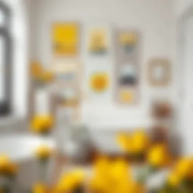 An elegant gallery wall featuring various artworks in yellow and gray, creating a cohesive bathroom theme.