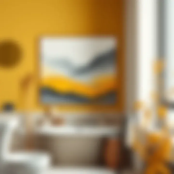 A serene landscape painting with yellow and gray tones, enhancing the tranquility of a bathroom.