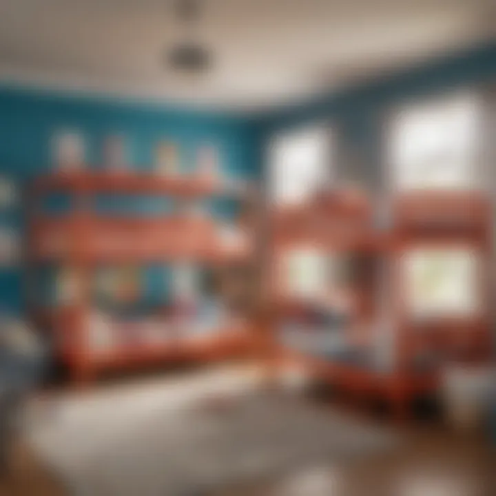 Children playing around a twin bunk bed in a vibrant room