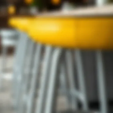 Close-up of the textures and materials of yellow and grey bar stools