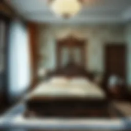 Traditional Korean bed with intricate woodwork and silk bedding