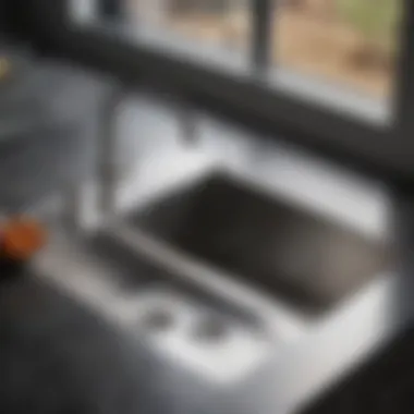 Close-up view of the deep basin of a stainless steel kitchen sink