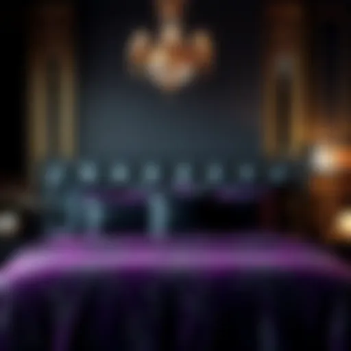 Luxurious purple and black comforter set on a king bed