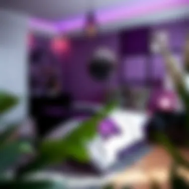 Stylish bedroom decor featuring purple and black color scheme