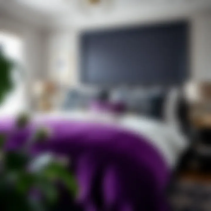 Complementary decor elements paired with purple and black comforter