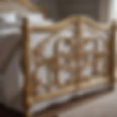 Close-up of gold metal bed frame detailing and craftsmanship