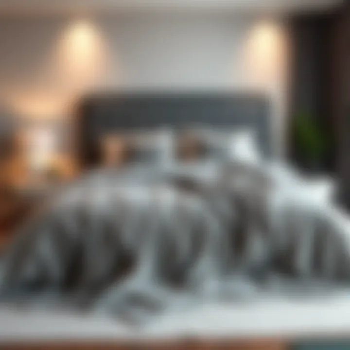 Elegant grey bedspread draped over a queen-sized bed in a modern bedroom