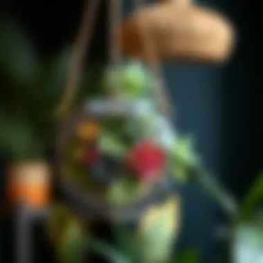 Modern geometric hanging planter with colorful succulents