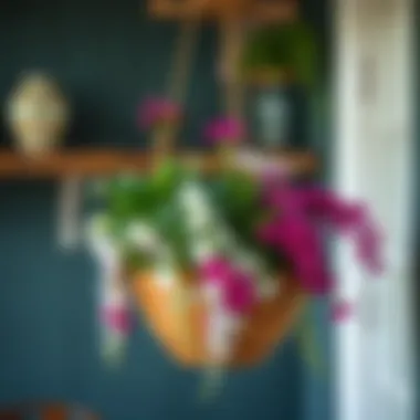 Rustic wooden hanging planter adorned with cascading flowers