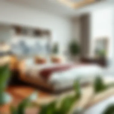 Stylish arrangement of king size platform bed in a chic bedroom