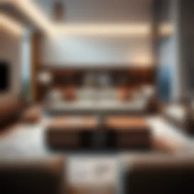 Modern living room featuring a large coffee table with compartments