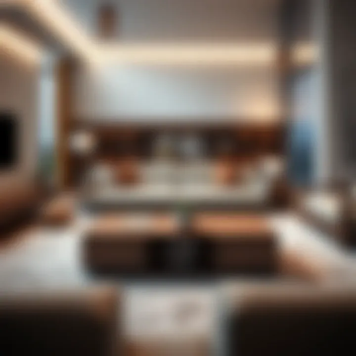 Modern living room featuring a large coffee table with compartments