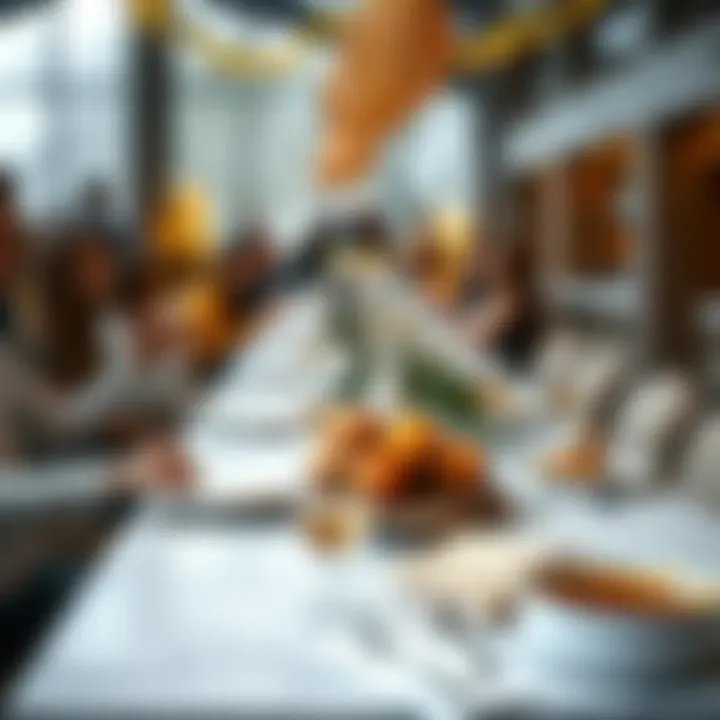 Long narrow serving table in use at a festive gathering, enhancing the social atmosphere