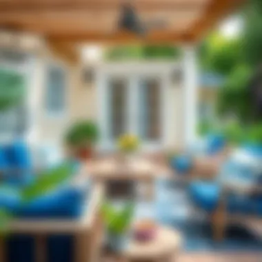 Stylish outdoor setting featuring blue cushions with elegant decor