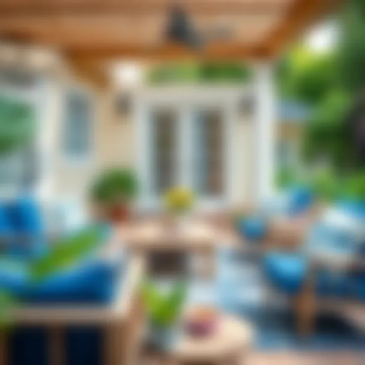 Stylish outdoor setting featuring blue cushions with elegant decor