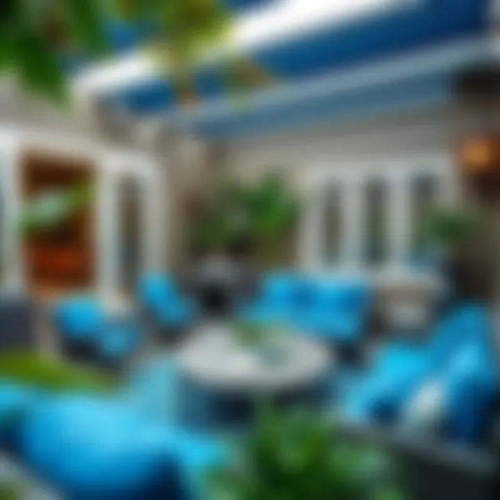 Trendy outdoor space featuring blue cushions and modern furniture arrangement