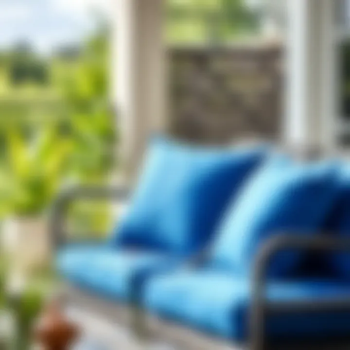 Vibrant blue outdoor cushions arranged on a patio chair