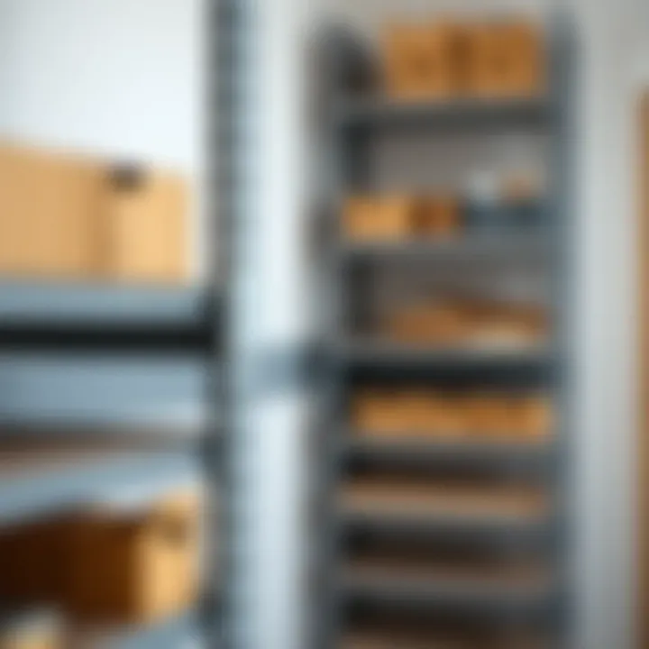 Close-up of durable metal storage shelves