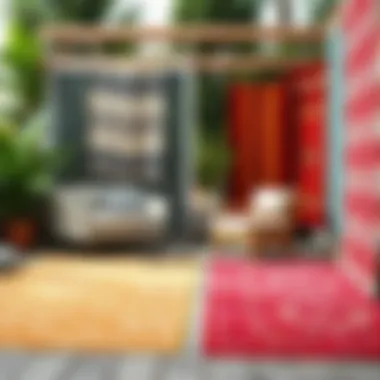 Various outdoor rugs displayed to showcase diverse designs and colors