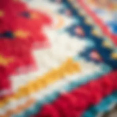 A close-up view of fabric texture and patterns of a vibrant outdoor rug