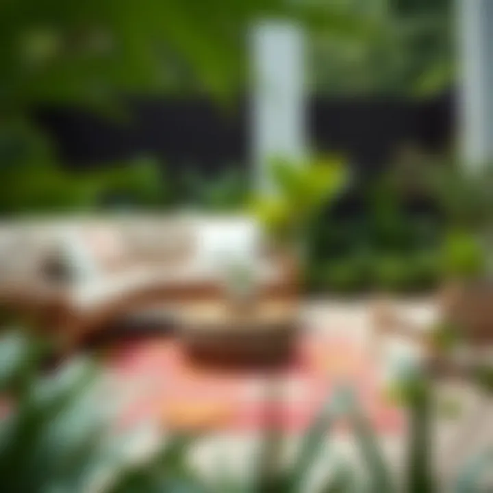 A stylish outdoor space featuring a multicolor rug amidst greenery