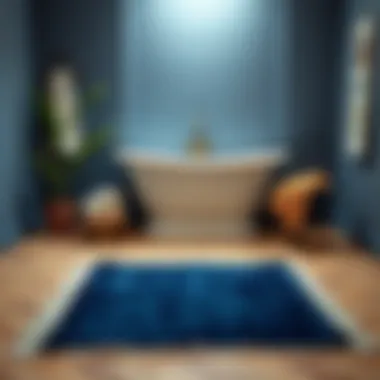 Navy blue bath rug paired with complementary bathroom decor