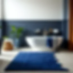 Elegant navy blue bath rug in a contemporary bathroom setting