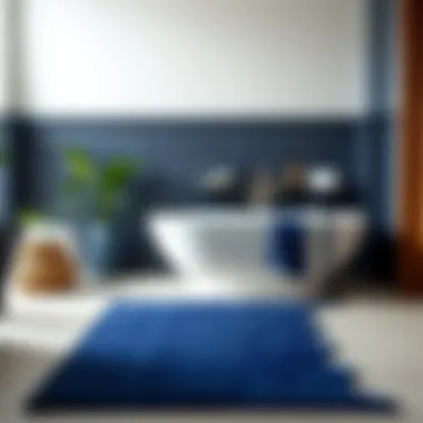 Elegant navy blue bath rug in a contemporary bathroom setting