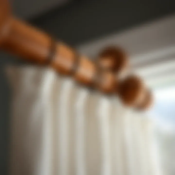 Close-up of oak curtain rod installation process