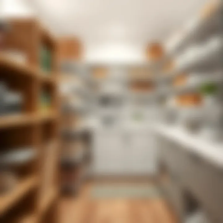 Diverse materials for pantry shelving including wood and metal finishes
